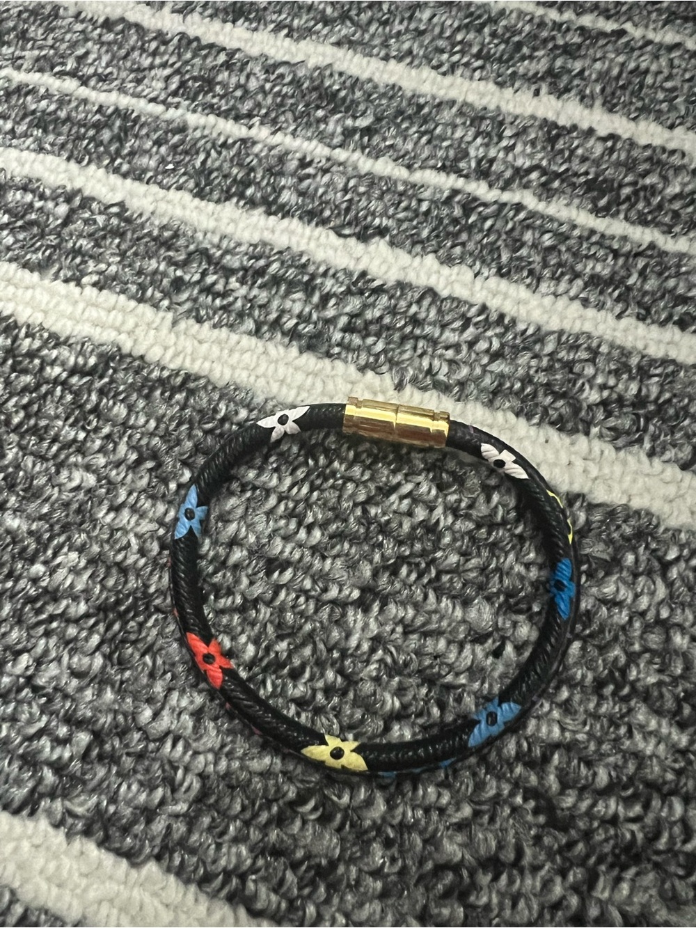 Louis Vuitton Black Leather Bracelet with Multicolor Flower Motif and Gold Clasp